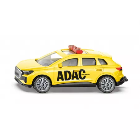 Coche de juguete Audi Q4 e-tron ADAC Pannenhilfe de Siku en metal amarillo con enganche de remolque.