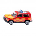 Juguete Land Rover Defender Fire Command Car de Siku, coche de bomberos miniatura en metal rojo.
