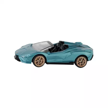 Miniatura de Lamborghini Sián Roadster turquesa con llantas doradas y techo abierto.