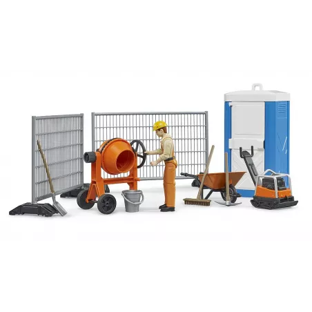 Set de obra bworld de BRUDER con figura articulada, vallas de seguridad y herramientas de juguete.