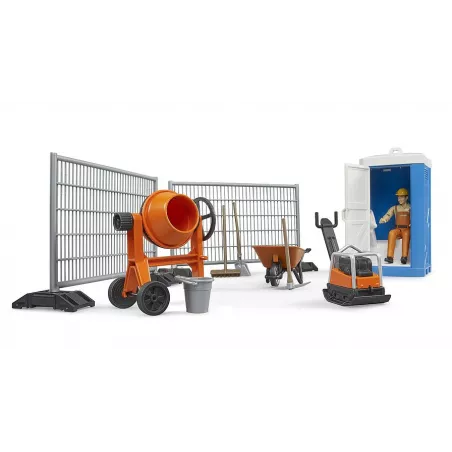 Set de obra bworld de BRUDER con figura articulada, vallas de seguridad y herramientas de juguete.