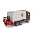 Camión de juguete Scania Super 560R UPS de Bruder con contenedor desmontable y carretilla elevadora.