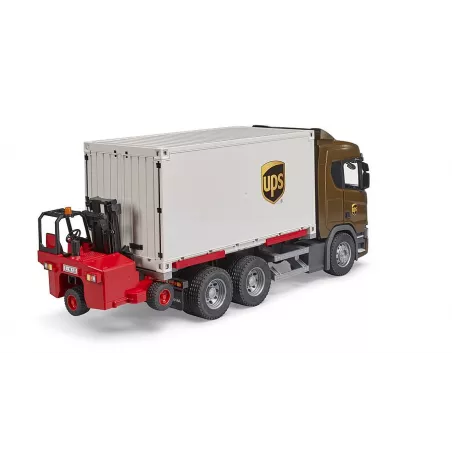 Camión de juguete Scania Super 560R UPS de Bruder con contenedor desmontable y carretilla elevadora.