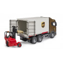 Camión de juguete Scania Super 560R UPS de Bruder con contenedor desmontable y carretilla elevadora.