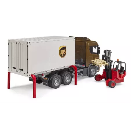 Camión de juguete Scania Super 560R UPS de Bruder con contenedor desmontable y carretilla elevadora.