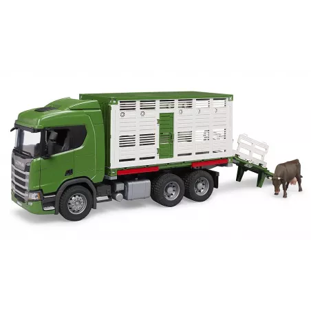 Camión de juguete para transporte de ganado Scania Super 560R con rampa y figura de vaca