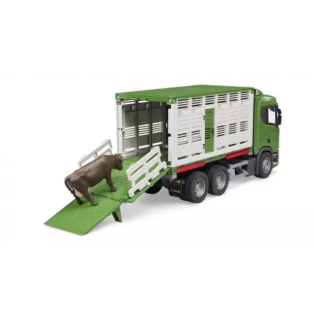 Camión de juguete para transporte de ganado Scania Super 560R con rampa y figura de vaca