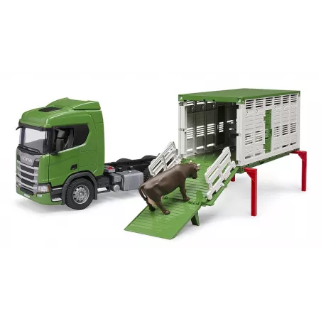 Camión de juguete para transporte de ganado Scania Super 560R con rampa y figura de vaca