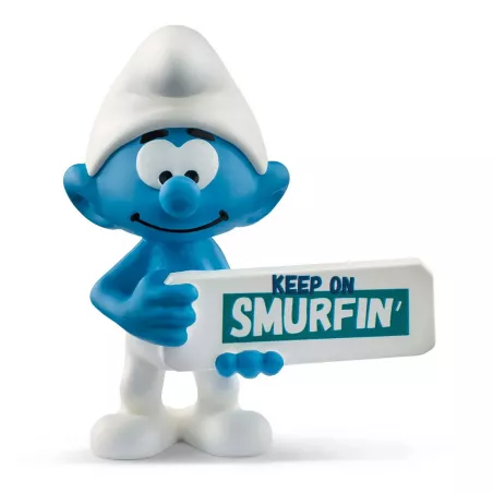 Figura coleccionable de Pitufo con cartel Smurfin de Schleich pintada a mano.