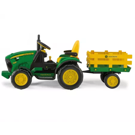 Tractor eléctrico infantil John Deere Ground Force con remolque en color verde y amarillo.