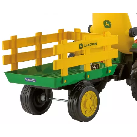 Tractor eléctrico infantil John Deere Ground Force con remolque en color verde y amarillo.