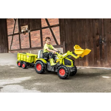 Tractor de pedales Claas Axion 950 para niños con cargador frontal y asiento ajustable.