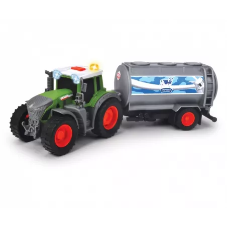 Tractor de juguete Fendt de 26 cm con tanque de leche, luces y sonidos realistas para niños.