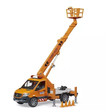 Juguete Mercedes-Benz Sprinter con plataforma de trabajo elevadora y módulo de luz y sonido a escala 1:16.