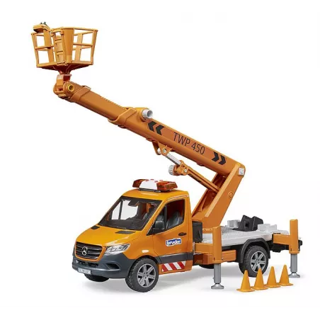 Juguete Mercedes-Benz Sprinter con plataforma de trabajo elevadora y módulo de luz y sonido a escala 1:16.