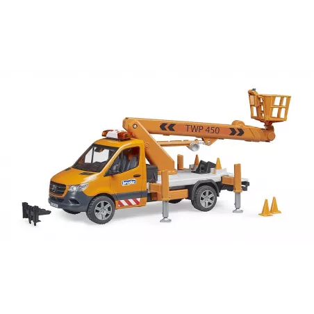 Juguete Mercedes-Benz Sprinter con plataforma de trabajo elevadora y módulo de luz y sonido a escala 1:16.