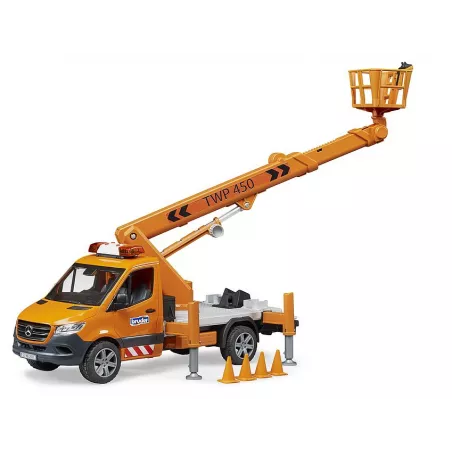 Juguete Mercedes-Benz Sprinter con plataforma de trabajo elevadora y módulo de luz y sonido a escala 1:16.