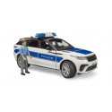 Vehículo policial Range Rover Velar de juguete a escala 1:16 con figura de policía bworld y luces.