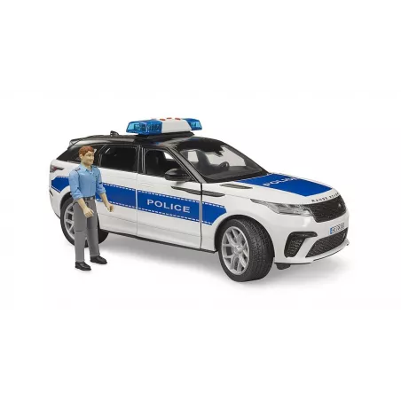 Vehículo policial Range Rover Velar de juguete a escala 1:16 con figura de policía bworld y luces.