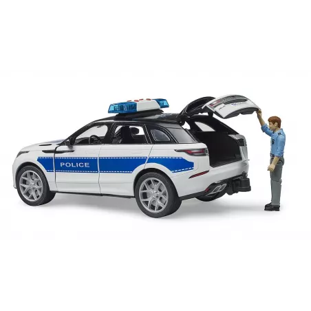 Vehículo policial Range Rover Velar de juguete a escala 1:16 con figura de policía bworld y luces.