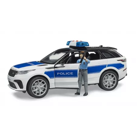 Vehículo policial Range Rover Velar de juguete a escala 1:16 con figura de policía bworld y luces.