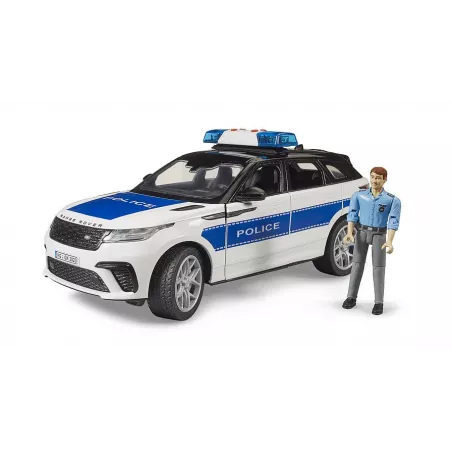 Vehículo policial Range Rover Velar de juguete a escala 1:16 con figura de policía bworld y luces.