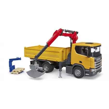 Camión de obra de juguete Scania Super 560R Bruder a escala 1:16 con grúa giratoria y dos palés.