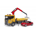 Camión de juguete Scania Super 560R con grúa, plataforma y coche de juguete Bruder escala 1:16.