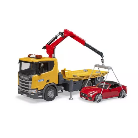 Camión de juguete Scania Super 560R con grúa, plataforma y coche de juguete Bruder escala 1:16.