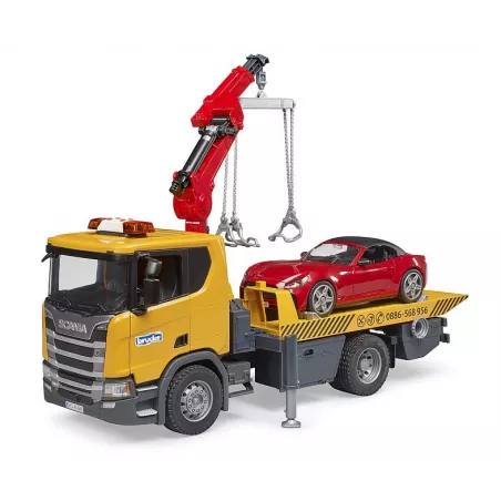 Camión de juguete Scania Super 560R con grúa, plataforma y coche de juguete Bruder escala 1:16.