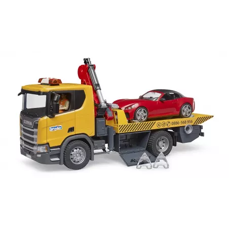 Camión de juguete Scania Super 560R con grúa, plataforma y coche de juguete Bruder escala 1:16.