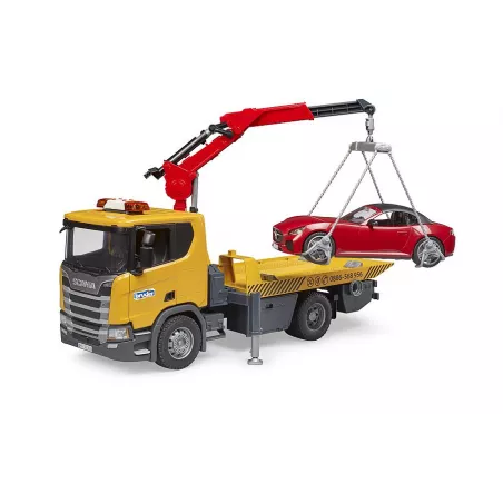 Camión de juguete Scania Super 560R con grúa, plataforma y coche de juguete Bruder escala 1:16.