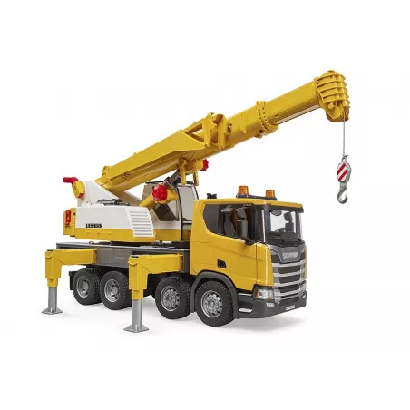 Camión grúa de juguete Scania Super 560R Liebherr de Bruder a escala 1:16 con luces y sonido