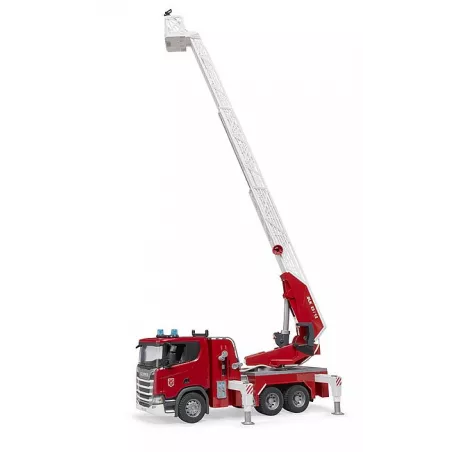 Camión de bomberos de juguete Scania Super 560R de Bruder a escala 1:16 con escalera extensible.