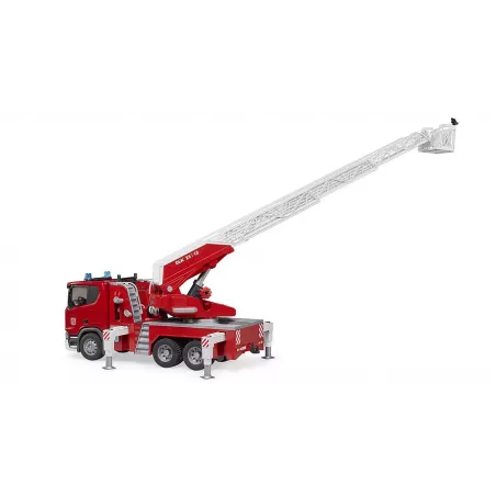 Camión de bomberos de juguete Scania Super 560R de Bruder a escala 1:16 con escalera extensible.