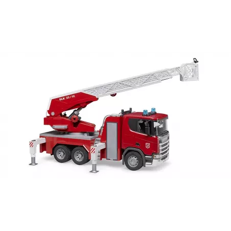 Camión de bomberos de juguete Scania Super 560R de Bruder a escala 1:16 con escalera extensible.