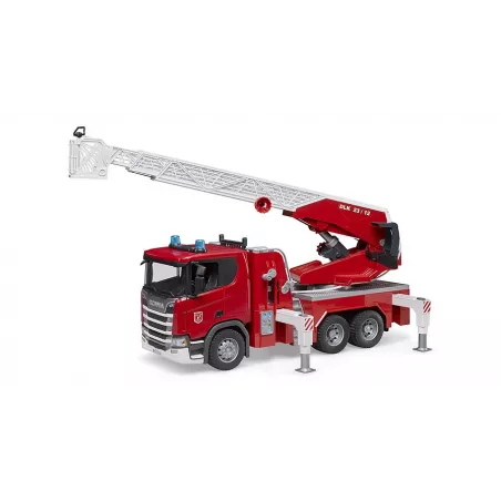 Camión de bomberos de juguete Scania Super 560R de Bruder a escala 1:16 con escalera extensible.