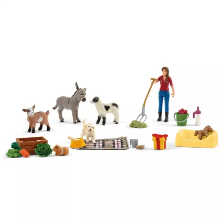 Calendario de adviento Farm World 2023 de Schleich con figuras de animales de granja y accesorios de juguete.