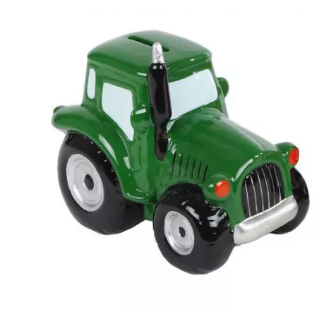 Hucha infantil de cerámica con forma de tractor verde clásico