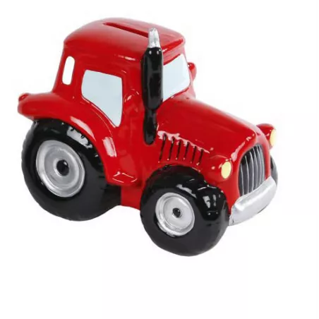 Tractor hucha de cerámica roja, hucha infantil decorativa.