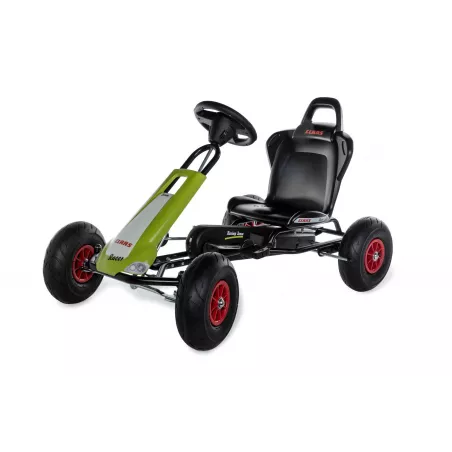 GoKart a pedales CLAAS Racer de Ferbedo para niños de 3 a 8 años con diseño agrícola verde y amarillo.