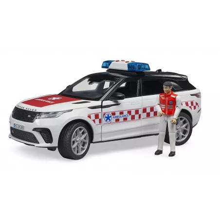Juguete Range Rover Velar de emergencias Bruder con figura de médico y módulo de luz y sonido.