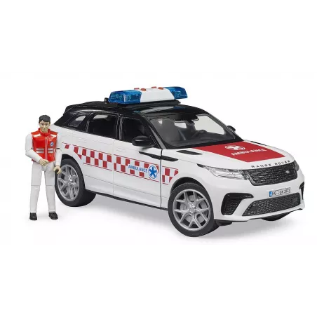 Juguete Range Rover Velar de emergencias Bruder con figura de médico y módulo de luz y sonido.