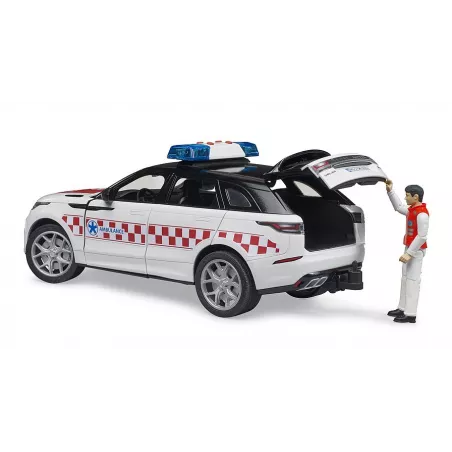 Juguete Range Rover Velar de emergencias Bruder con figura de médico y módulo de luz y sonido.