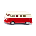 Autobús de juguete VW T1 a escala 1:50 de metal y plástico con puertas que se abren.