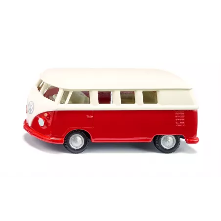 Autobús de juguete VW T1 a escala 1:50 de metal y plástico con puertas que se abren.