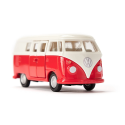 Autobús de juguete VW T1 a escala 1:50 de metal y plástico con puertas que se abren.