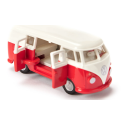 Autobús de juguete VW T1 a escala 1:50 de metal y plástico con puertas que se abren.