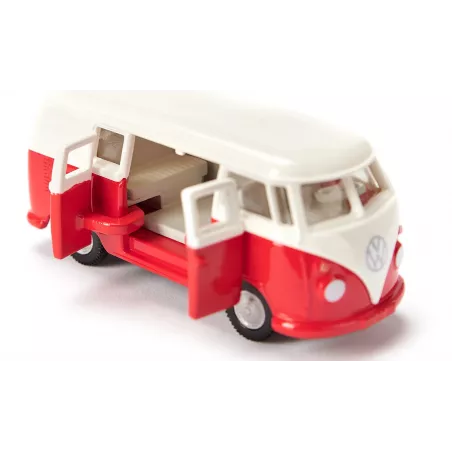 Autobús de juguete VW T1 a escala 1:50 de metal y plástico con puertas que se abren.