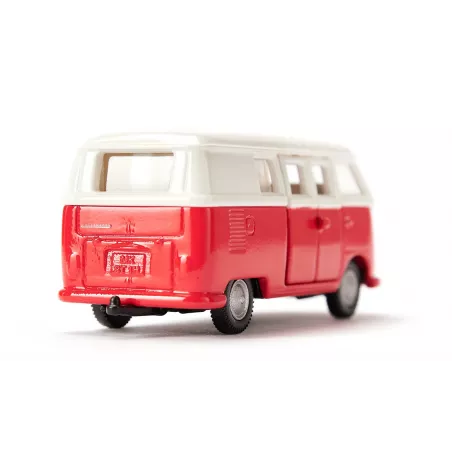 Autobús de juguete VW T1 a escala 1:50 de metal y plástico con puertas que se abren.